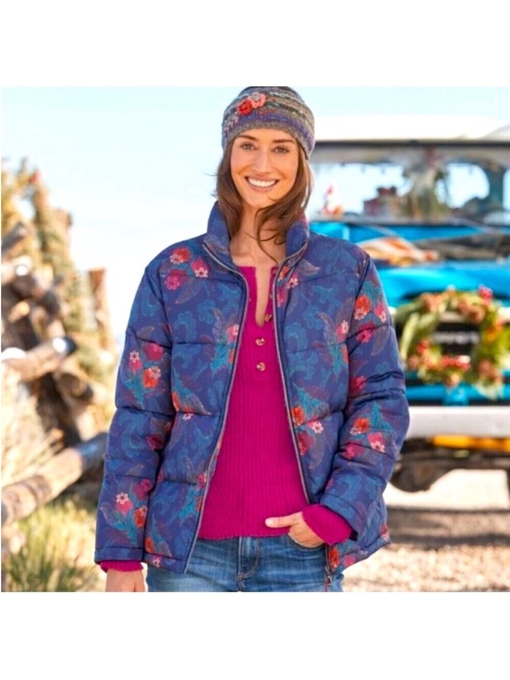 Sundance blue floral print puffer jacket XS
